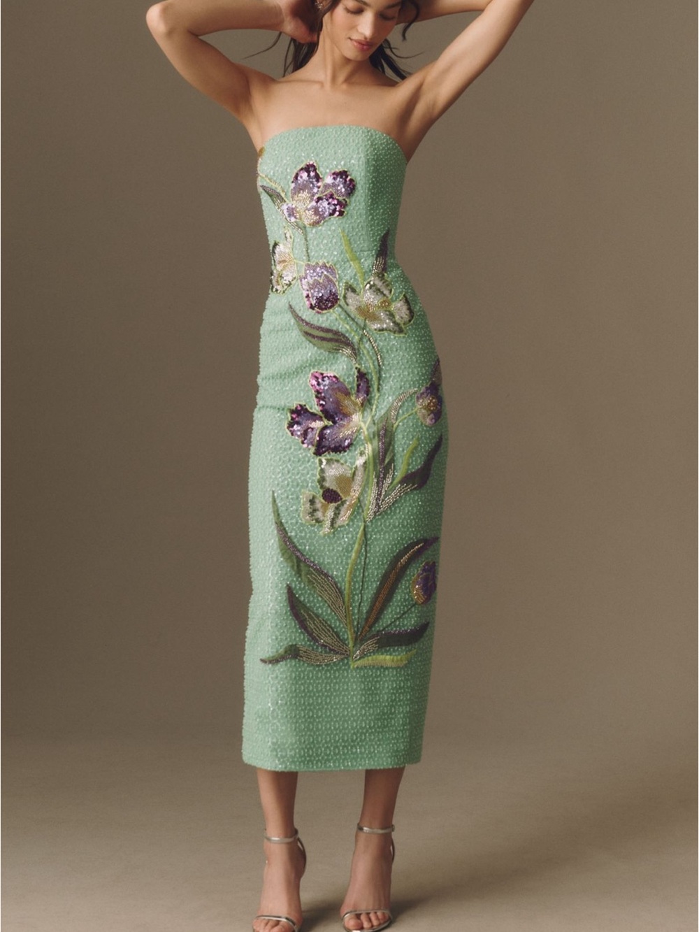Helsi Sofia Maxi Dress Strapless Mint Green Floral-Embellished Midi Dress